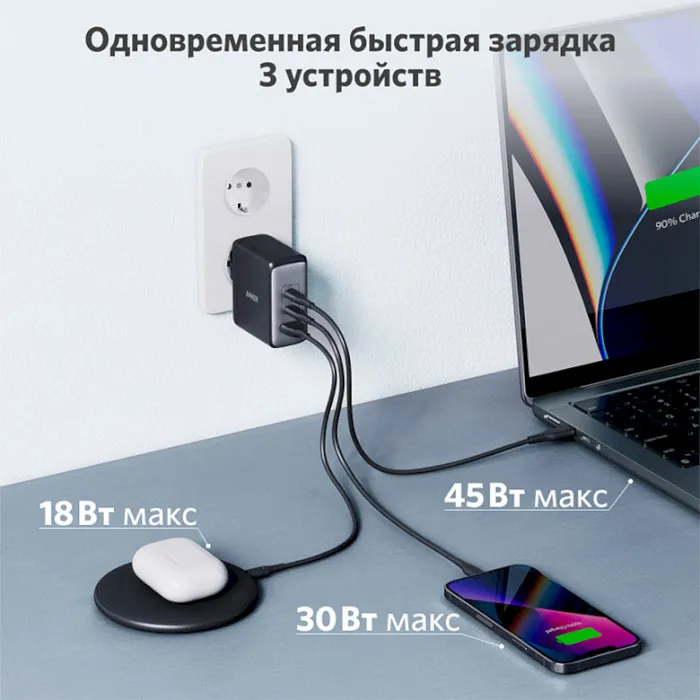 Мережевий зарядний пристрій Anker PowerPort 736 Nano II Black, GaN 100W (A2145G11) - мініатюра 3