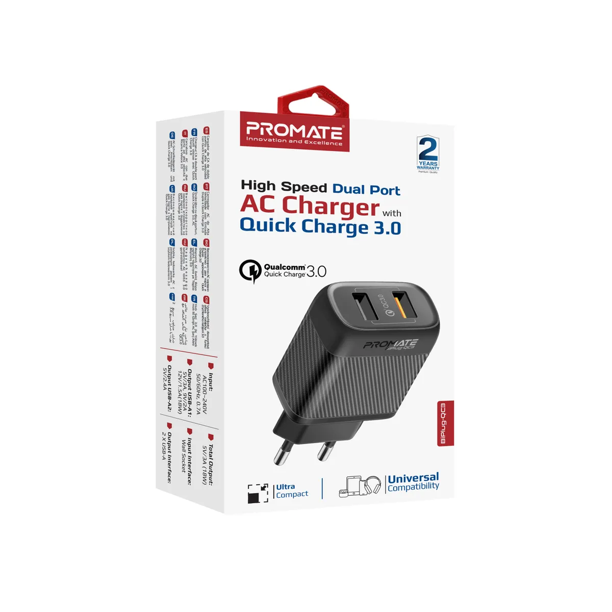 Зарядний пристрій Promate BiPlug-QC3 Black - мініатюра 7