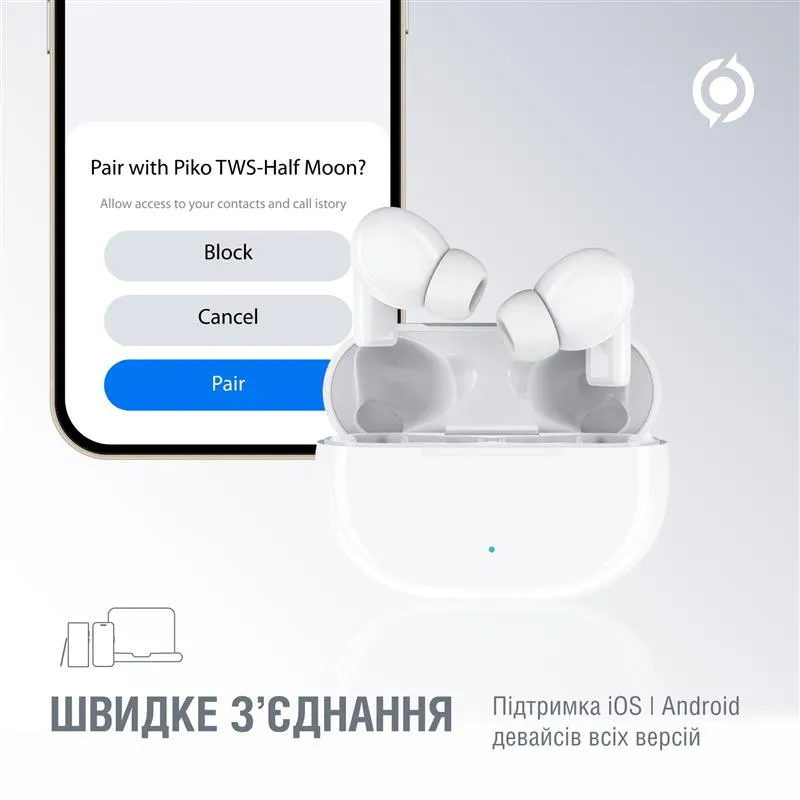 Bluetooth-гарнiтура Piko TWS-HalfMoon White (1283126583391) - мініатюра 4