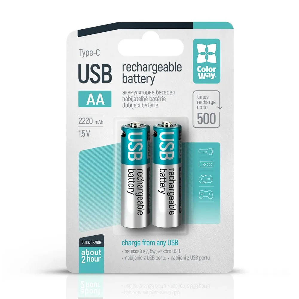 Акумулятор USB-C ColorWay (CW-UBAA-10) AA/HR06 Li-Pol 2220 mAh BL 2шт - зображення 1