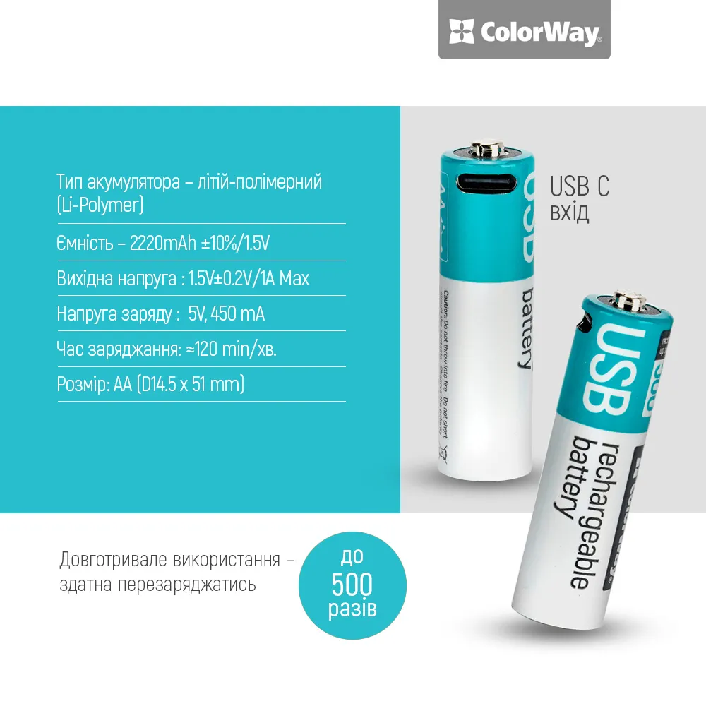 Акумулятор USB-C ColorWay (CW-UBAA-10) AA/HR06 Li-Pol 2220 mAh BL 2шт - мініатюра 7