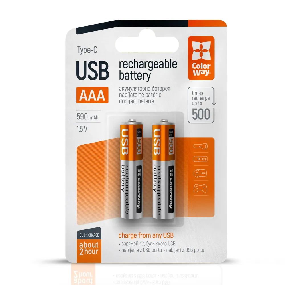 Акумулятор USB-C ColorWay (CW-UBAAA-09) AAA/HR03 Li-Pol 590 mAh BL 2шт - зображення 1