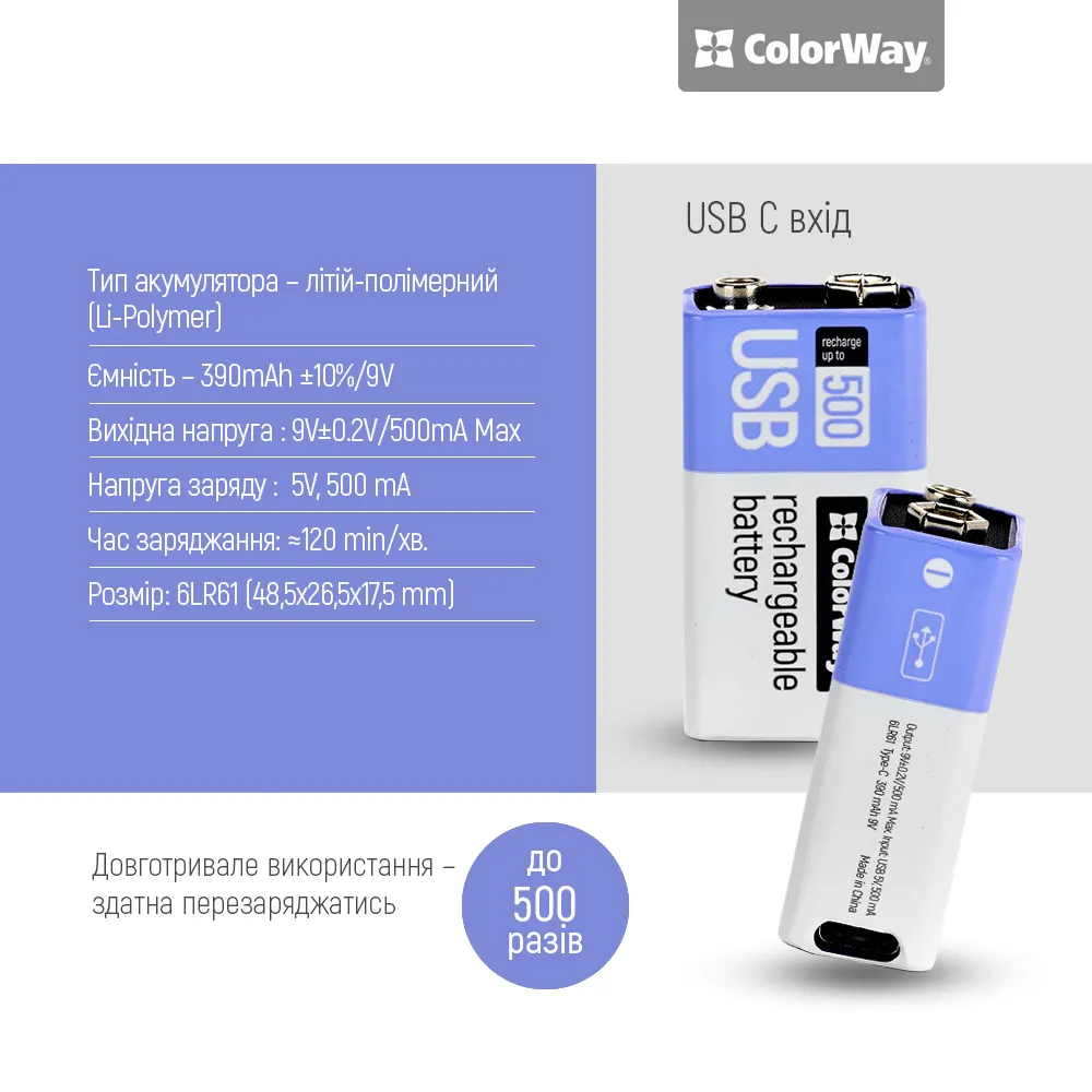 Акумулятор USB-C ColorWay (CW-UB9V-06) Крона Li-Pol 390 mAh BL - мініатюра 6