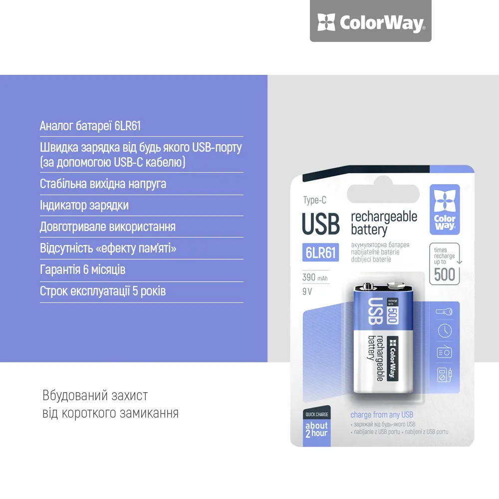 Акумулятор USB-C ColorWay (CW-UB9V-06) Крона Li-Pol 390 mAh BL - мініатюра 8