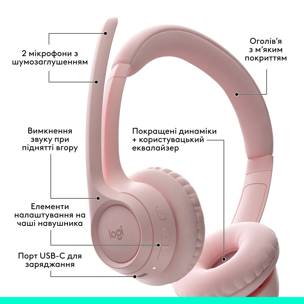 Bluetooth-гарнітура Logitech Zone 300 Wireless Rose (981-001412) - мініатюра 6