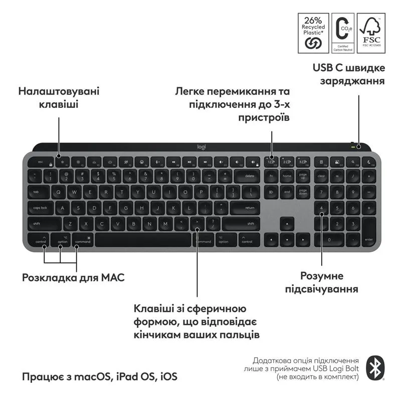 Клавiатура бездротова Logitech MX Keys S for Mac Space Grey (920-011637) - мініатюра 6