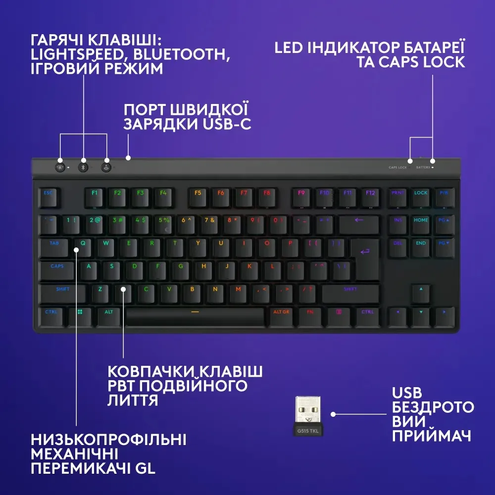 Клавiатура бездротова Logitech G515 Lightspeed TKL Black (920-012538) - мініатюра 6