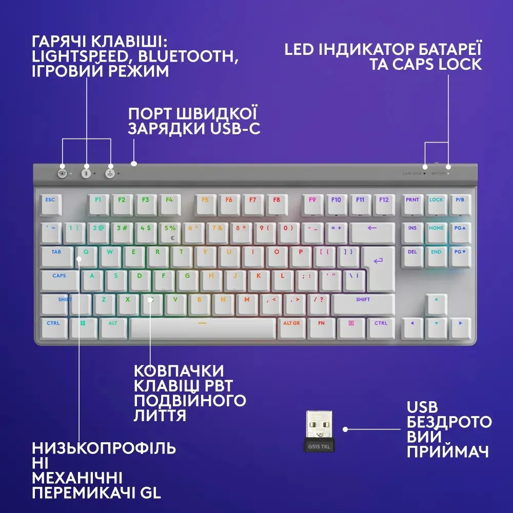 Клавiатура бездротова Logitech G515 Lightspeed TKL White (920-012539) - мініатюра 7