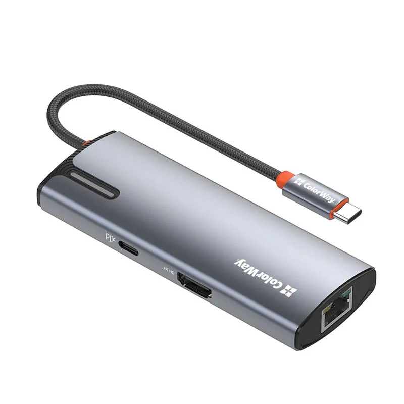 Док-станція СolorWay USB-C 6-в-1 Type C PD 100W/USB3.0х3/HDMI 4К/RJ45 (CW-HUB02) - зображення 1