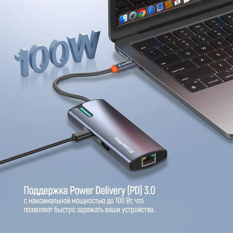 Док-станція СolorWay USB-C 6-в-1 Type C PD 100W/USB3.0х3/HDMI 4К/RJ45 (CW-HUB02) - мініатюра 11