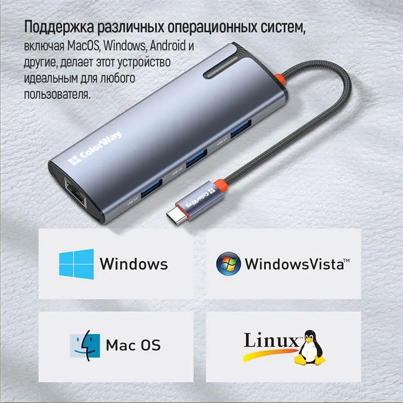 Док-станція СolorWay USB-C 6-в-1 Type C PD 100W/USB3.0х3/HDMI 4К/RJ45 (CW-HUB02) - мініатюра 16