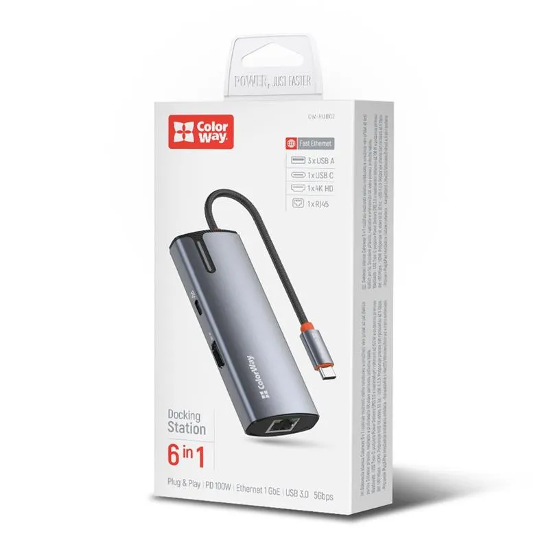 Док-станція СolorWay USB-C 6-в-1 Type C PD 100W/USB3.0х3/HDMI 4К/RJ45 (CW-HUB02) - мініатюра 19