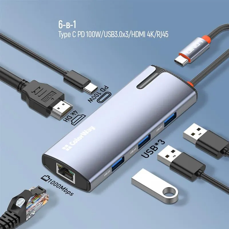 Док-станція СolorWay USB-C 6-в-1 Type C PD 100W/USB3.0х3/HDMI 4К/RJ45 (CW-HUB02) - мініатюра 9