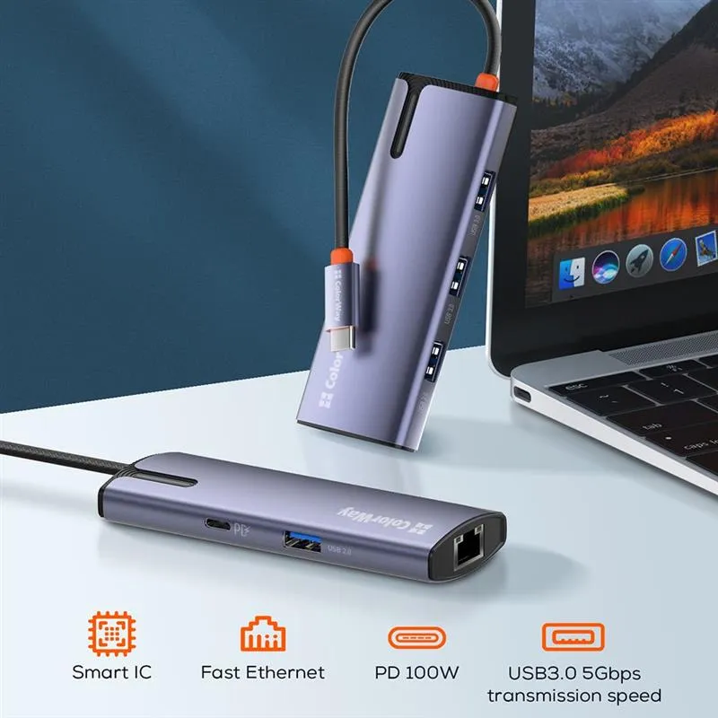 Док-станція СolorWay USB-C 6-в-1 Type C PD 100W/USB3.0х3/USB2.0/RJ45 (CW-HUB03) - мініатюра 10