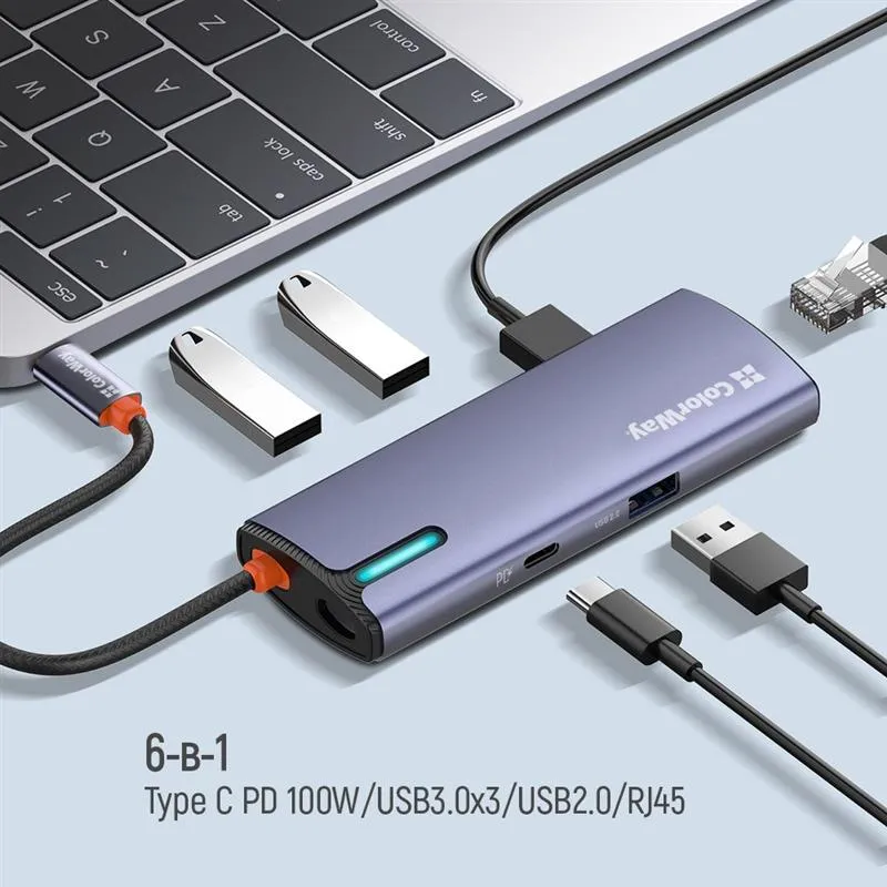 Док-станція СolorWay USB-C 6-в-1 Type C PD 100W/USB3.0х3/USB2.0/RJ45 (CW-HUB03) - мініатюра 11