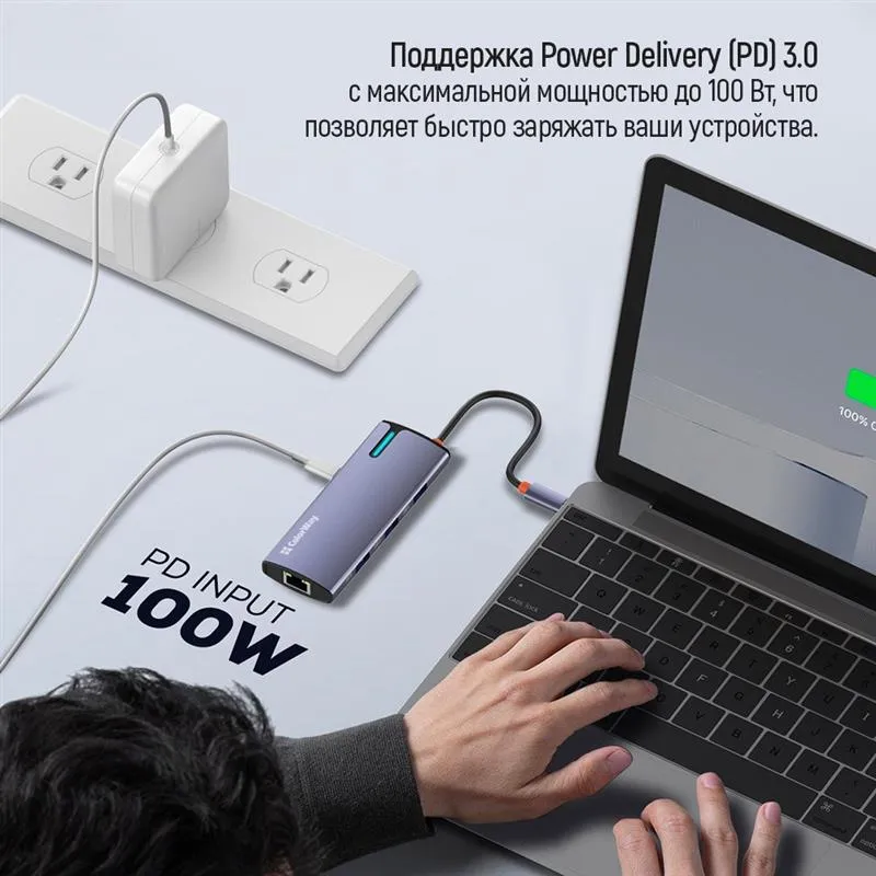 Док-станція СolorWay USB-C 6-в-1 Type C PD 100W/USB3.0х3/USB2.0/RJ45 (CW-HUB03) - мініатюра 14