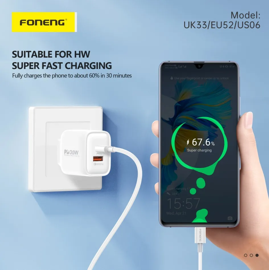 Мережевий зарядний пристрій Foneng EU52-CH PD 30W (1xUSB, 1xType-C) White - зображення 1