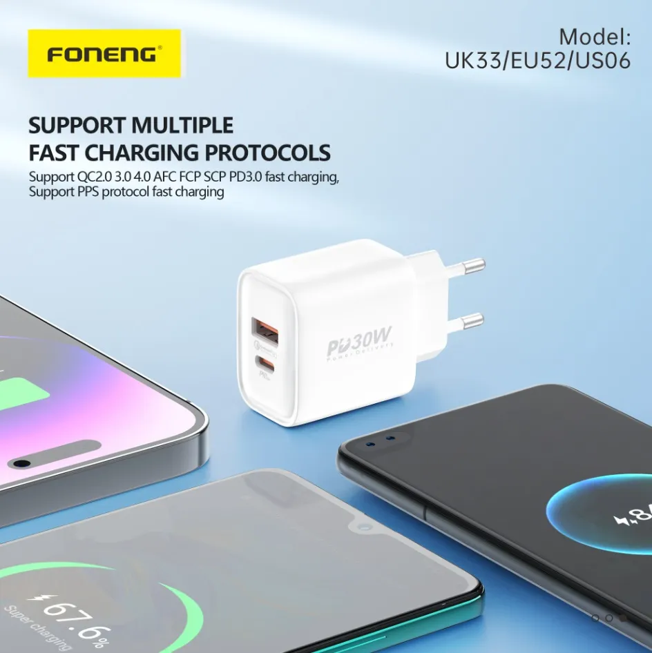 Мережевий зарядний пристрій Foneng EU52-CH PD 30W (1xUSB, 1xType-C) White - мініатюра 2