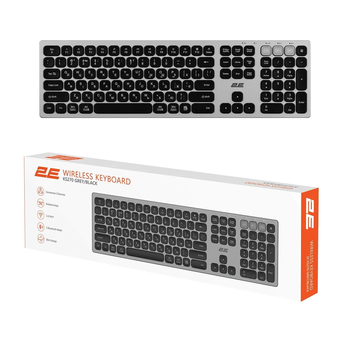 Клавіатура бездротова 2E KS270 WL/BT EN/UKR Grey/Black (2E-KS270WBGR_UA) - мініатюра 8