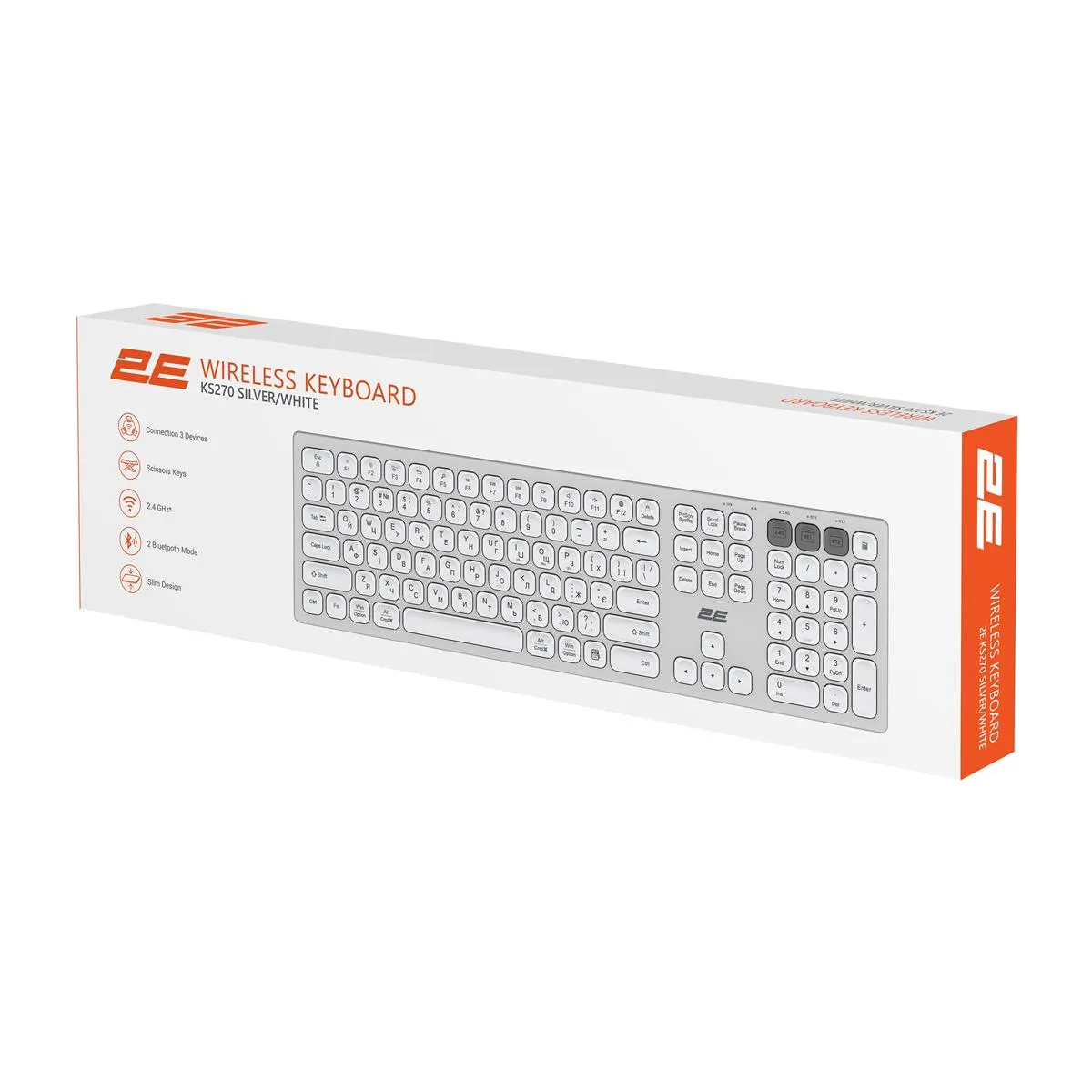 Клавіатура бездротова 2E KS270 WL/BT EN/UKR Silver/White (2E-KS270WBWH_UA) - мініатюра 10