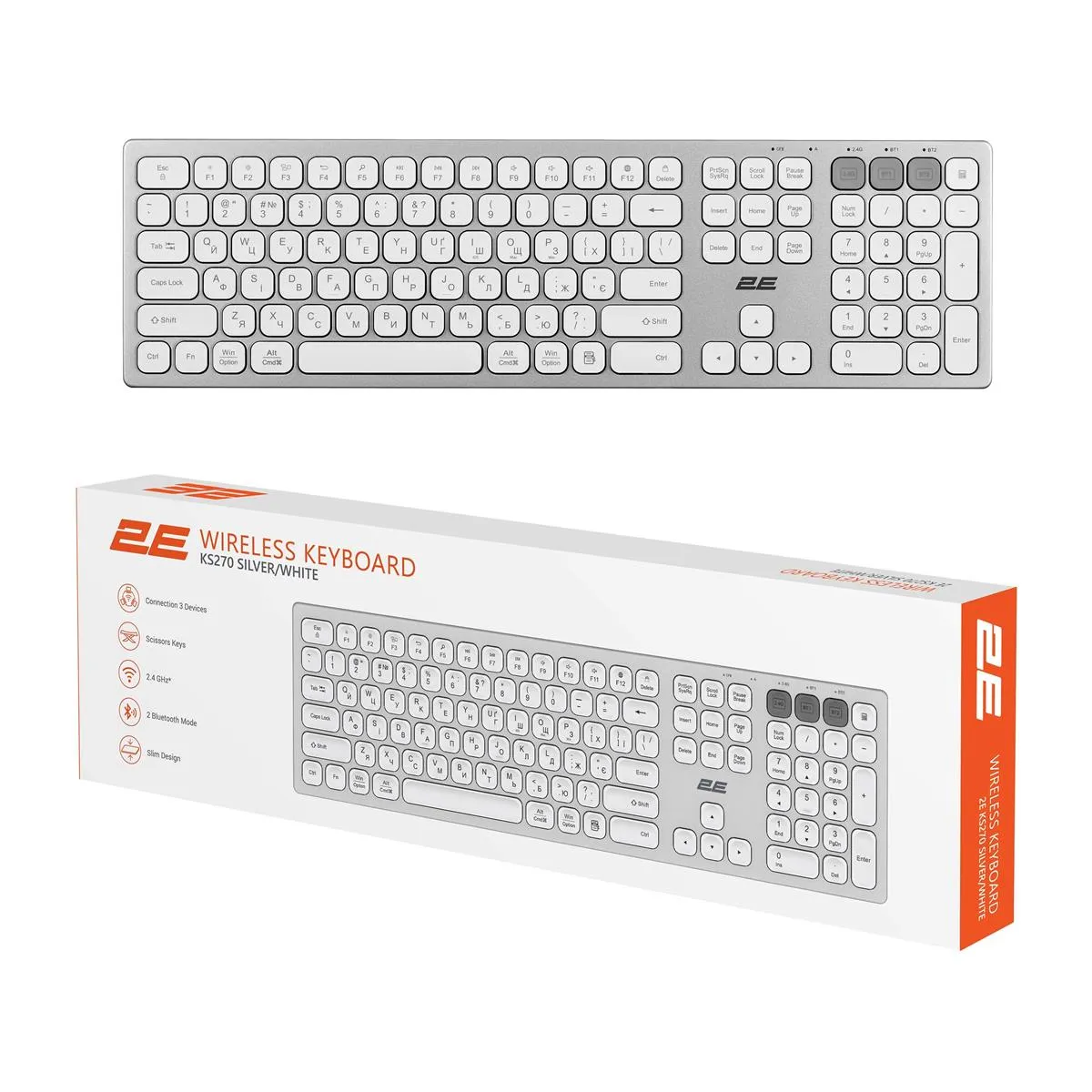 Клавіатура бездротова 2E KS270 WL/BT EN/UKR Silver/White (2E-KS270WBWH_UA) - мініатюра 8