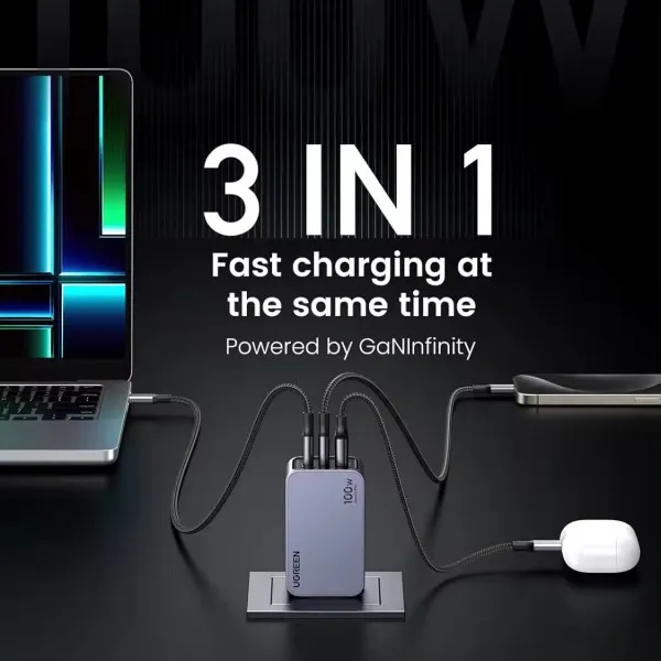 Зарядний пристрій Ugreen Nexode Pro X757 100W GaN (2хUSB-C+USB-A) Gray (25874) - мініатюра 4