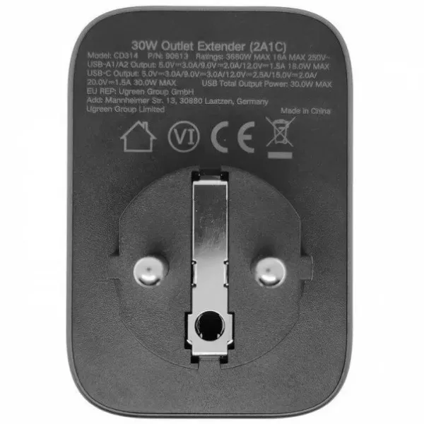 Зарядний пристрій Ugreen CD314 30W Outlet Extender (2хUSB-A+USB-C) Black (90613) - мініатюра 3