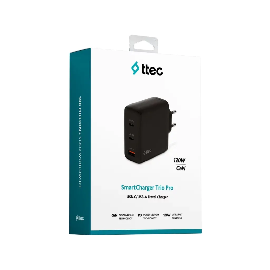Мережевий зарядний пристрій Ttec SmartCharger Trio GAN 2хUSB-C/USB-A /120Вт Black (2SCG04S) - мініатюра 5