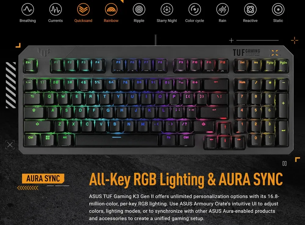 Клавiатура Asus TUF Gaming K3 Gen II Opti-Mech RGB 97key Switches ABS Black (90MP0390-BKMA00) - мініатюра 9