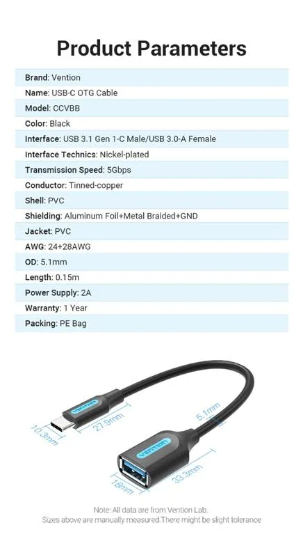 Кабель Vention USB 3.1 Type-C - OTG USB3.0 AF, 0.15 m, Black (CCVBB) - мініатюра 2