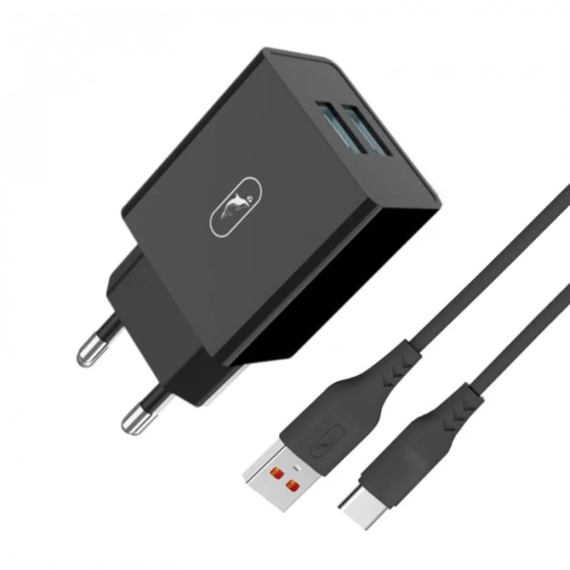 Зарядний пристрій SkyDolphin SC30T (2USB, 2.1A) Black (SDMZP-000171) + кабель USB Type-C - зображення 1