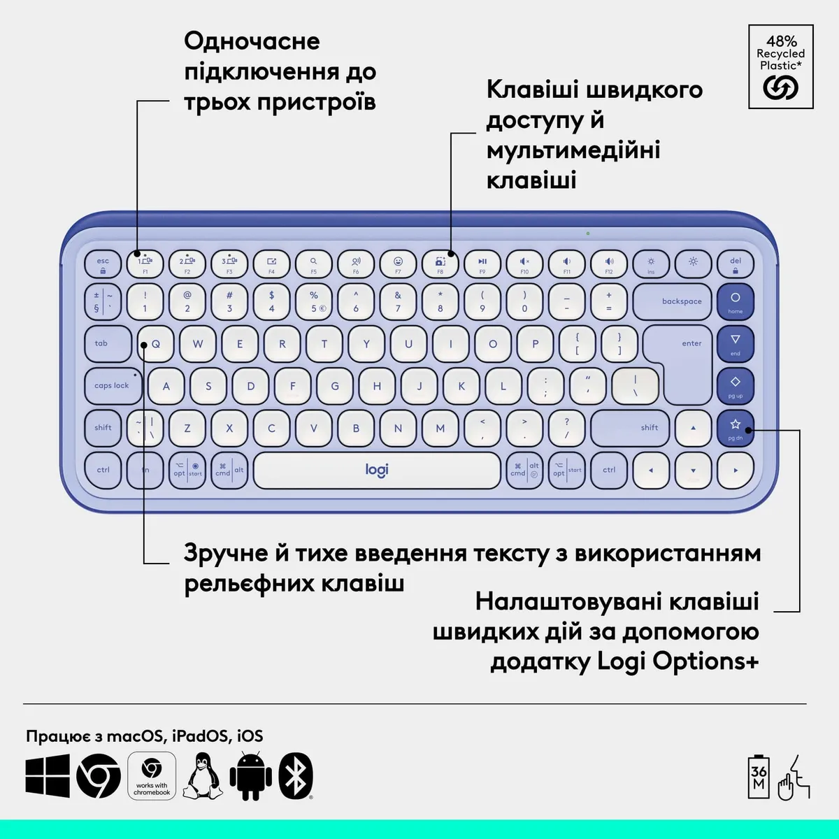 Клавiатура бездротова Logitech Pop Icon Keys Lilac (920-013074) - мініатюра 6