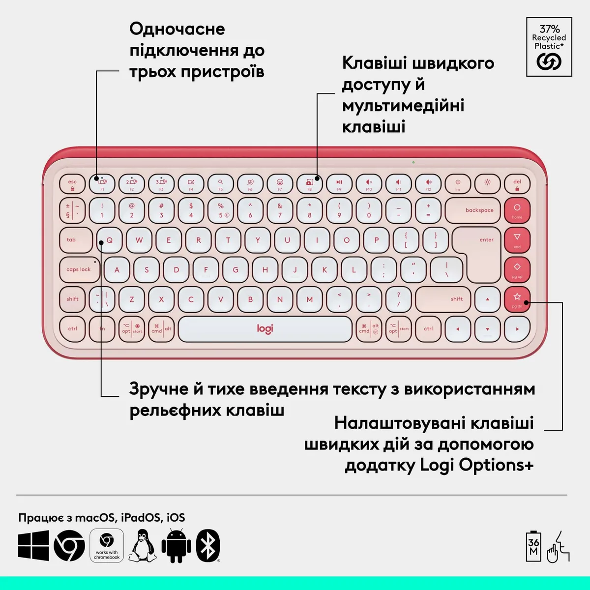 Клавiатура бездротова Logitech Pop Icon Keys Rose (920-013073) - мініатюра 6