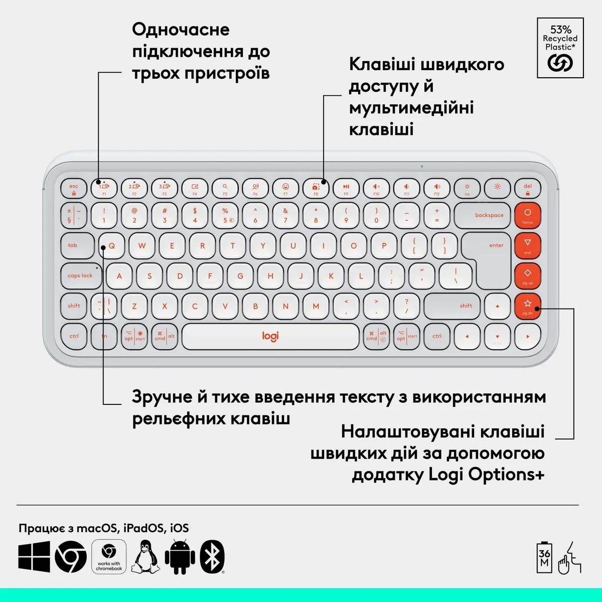 Клавiатура бездротова Logitech Pop Icon Keys Off White (920-013072) - мініатюра 6