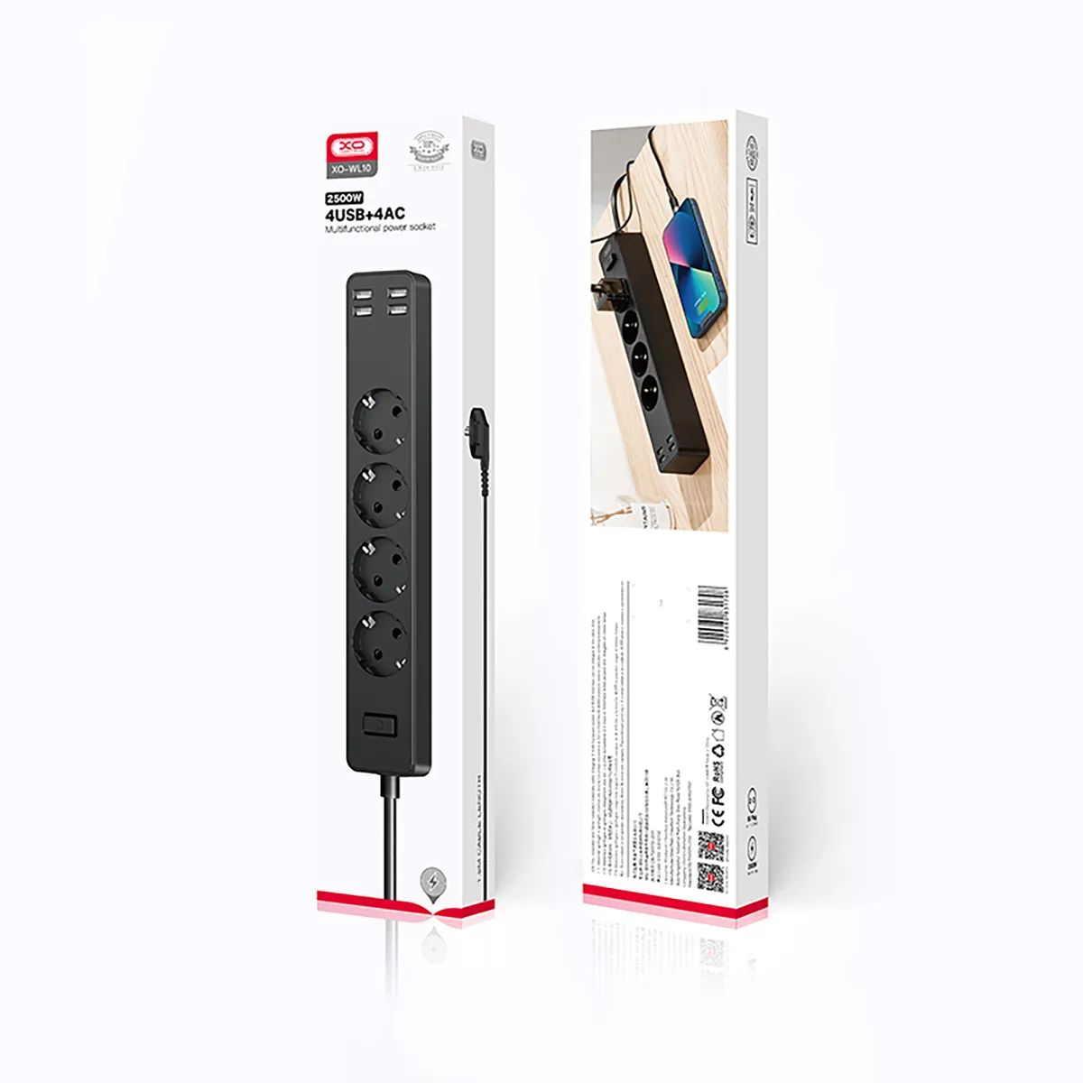 Мережевий фільтр XO WL10 4 розетки, 4 USB, 1.8 м Black (XO WL10.black) - мініатюра 2