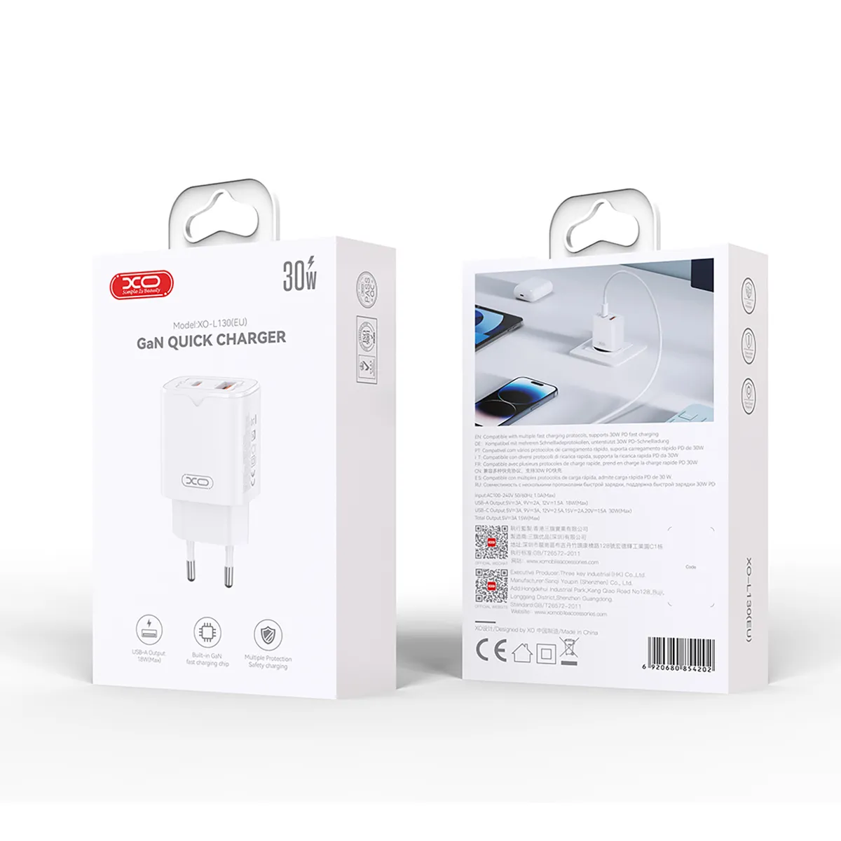 Мережевий зарядний пристрій XO L130 (1USB-С, 1USB, 3А) PD, QC 3.0 White (L130.white) - мініатюра 4