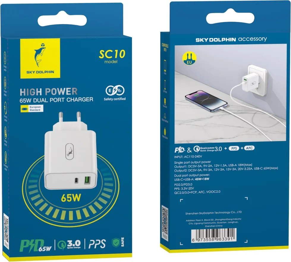 Мережевий зарядний пристрій SkyDolphin SC10 High Power PD 65W+QC3.0 White (SDMZP-000188) - зображення 1