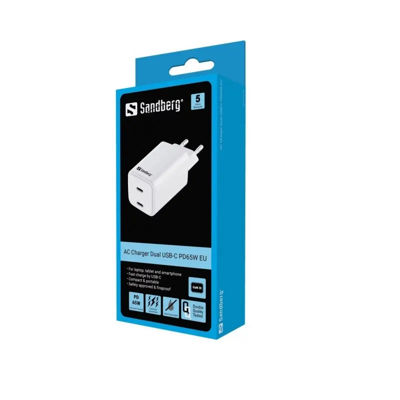 Сетевое зарядное устройство Sandberg 65W (2xUSB-C) White (441-56) - мініатюра 3