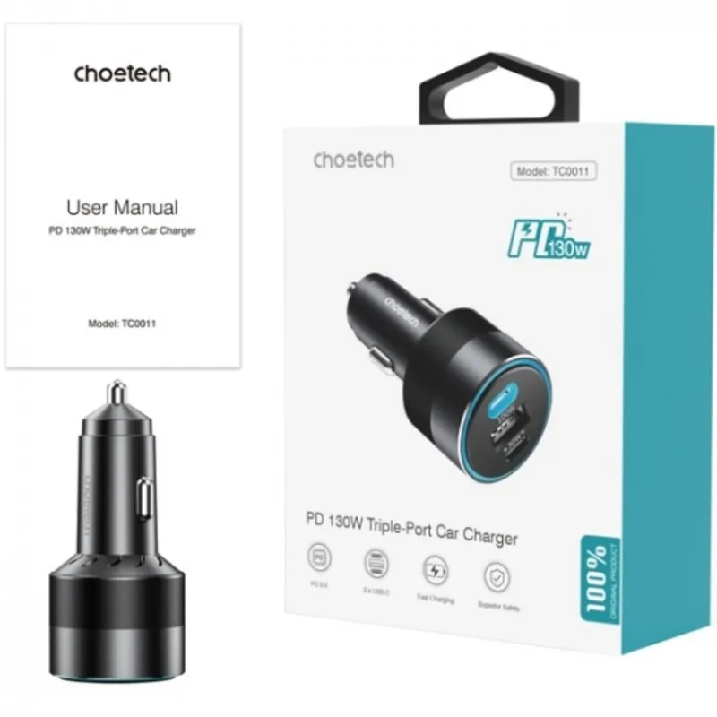 Автомобільний зарядний пристрій Choetech (2xUSB-C+USB-A) PD3.0 100W Black (TC0011-BK) - мініатюра 4