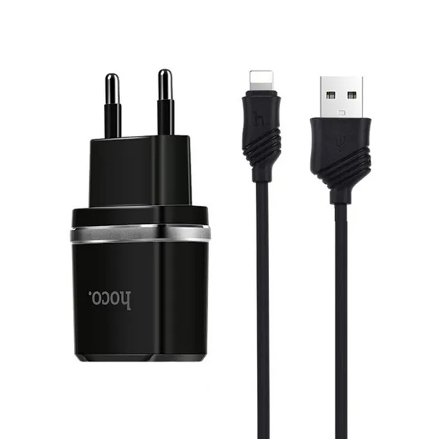 Мережевий зарядний пристрій Hoco C12 Smart 2.4A 2USB Black (S23146) + кабель Lightning - зображення 1