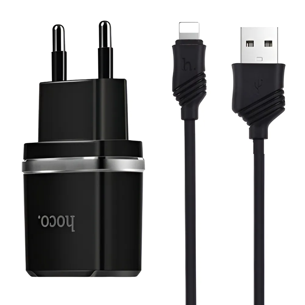 Мережевий зарядний пристрій Hoco C12 Smart 2.4A 2USB Black (S23146) + кабель Lightning - мініатюра 2