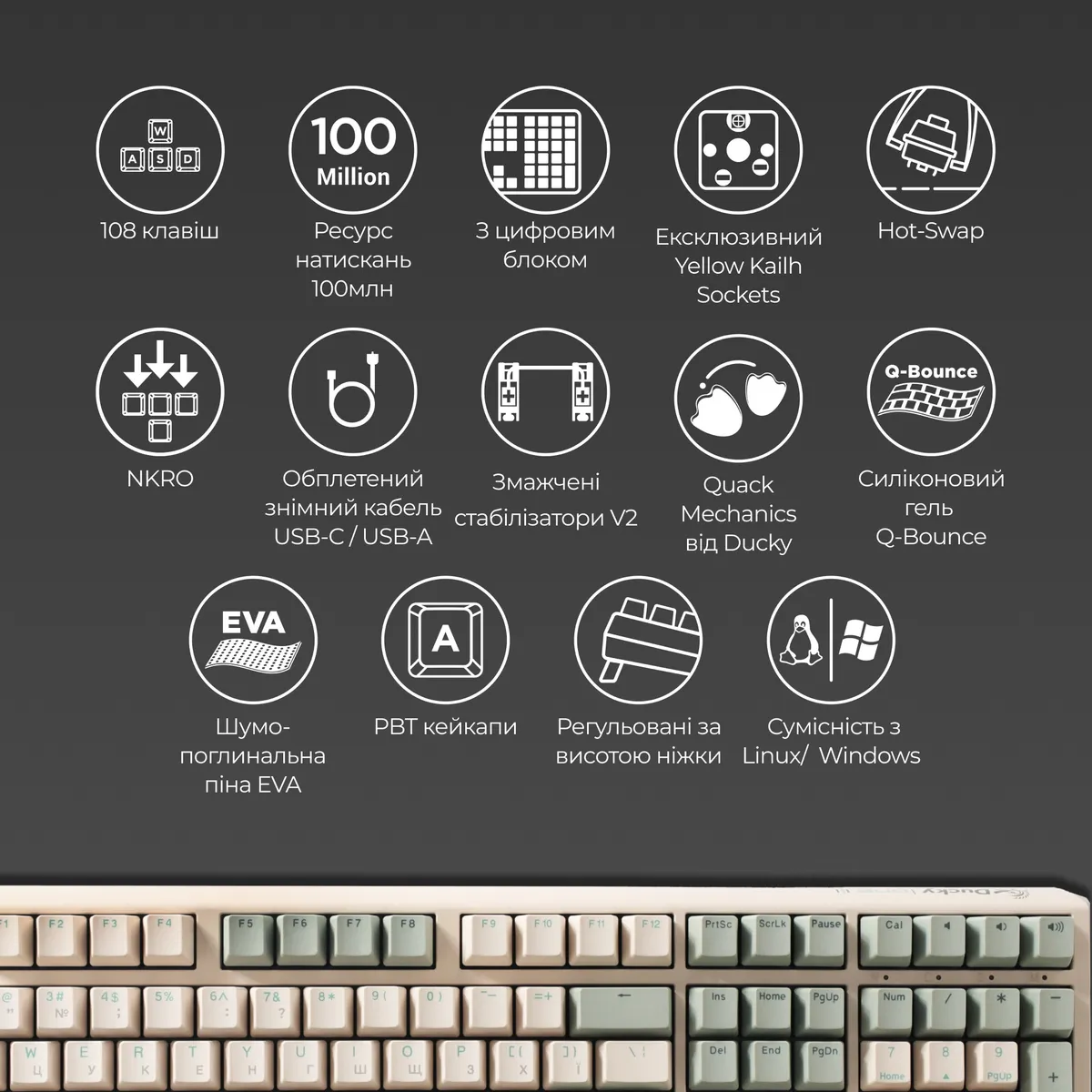 Клавіатура Ducky One 3 Cherry MX Speed Silver UA USB Matcha Cream (DKON2108-PUAPXМAEGGC1) - мініатюра 7
