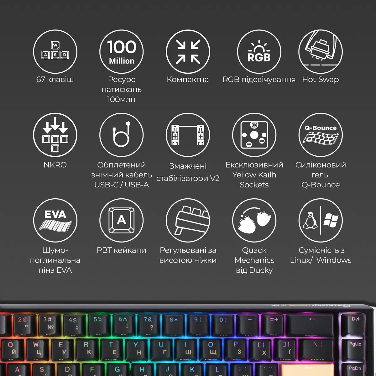 Клавіатура Ducky One 3 SF Cherry MX Red RGB UA USB Black (DKON2167ST-RUAPXCLAWSC1) - мініатюра 8
