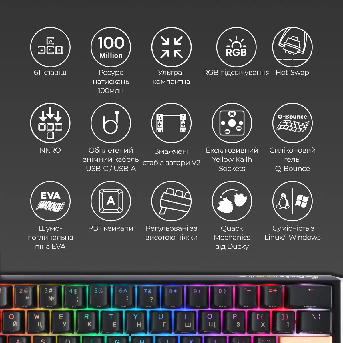 Клавіатура Ducky One 3 Mini Cherry MX Red RGB UA USB Black (DKON2161ST-RUAPXCLAWSC1) - мініатюра 7