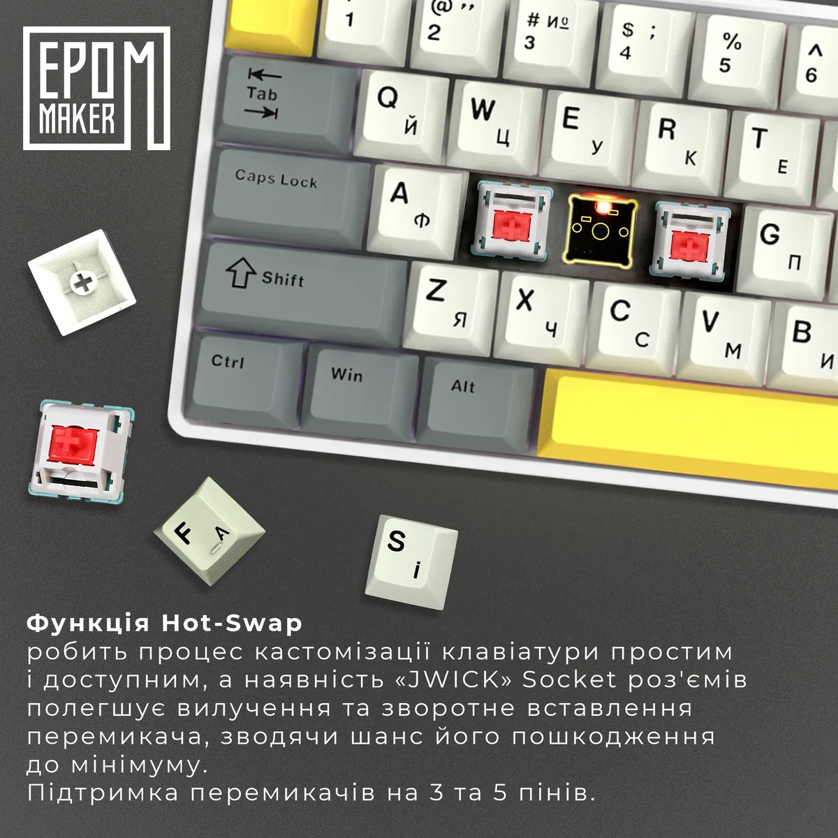 Клавіатура бездротова Epomaker EP64 60% Mulan Switch Hot-Swap (2.4G/BT/USB) RGB UA White (EP64-W-M) - мініатюра 13