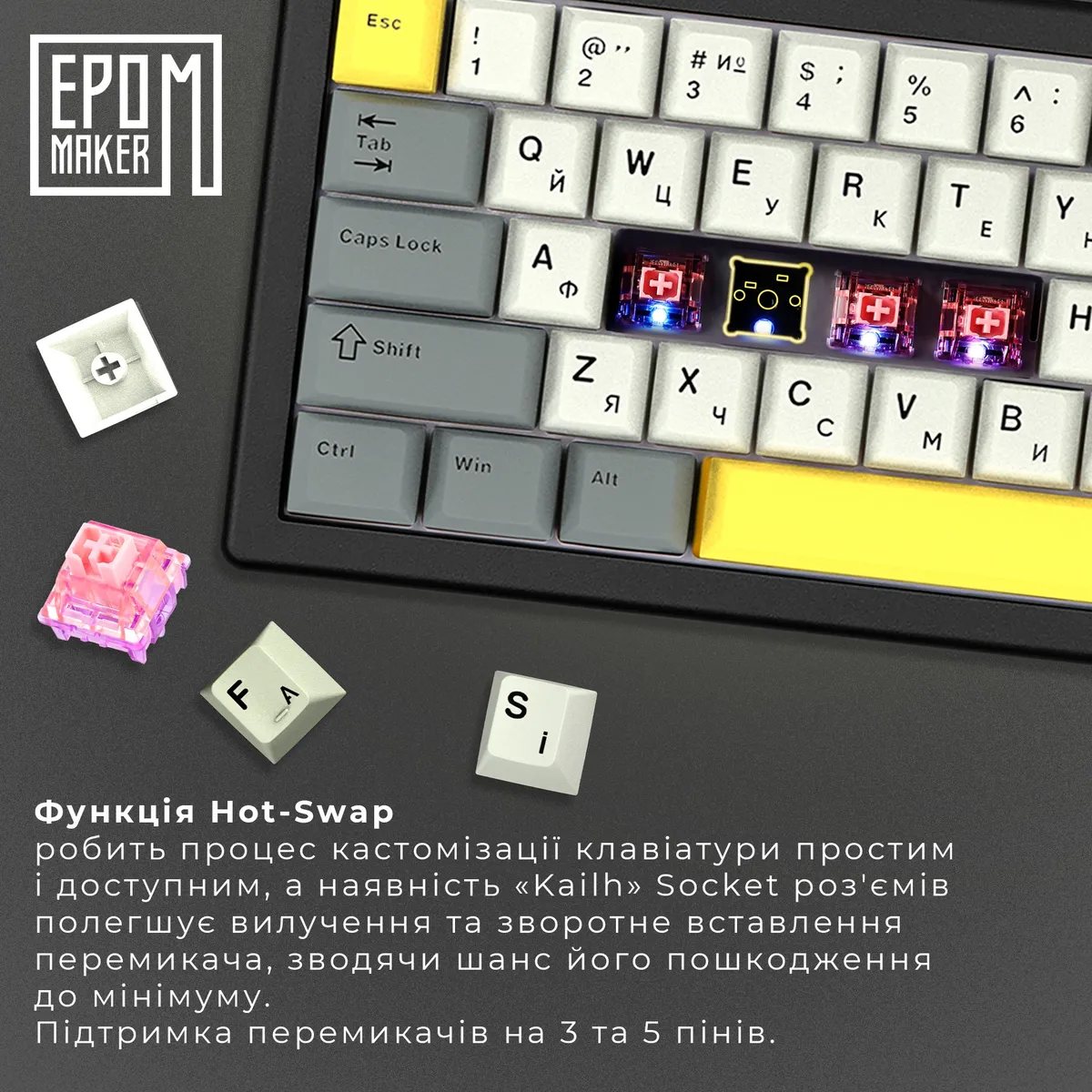Клавіатура бездротова Epomaker EK68 65% Flamingo Switch Hot-Swap (2.4G/BT/USB) RGB UA Black (EK68-B-F) - мініатюра 12