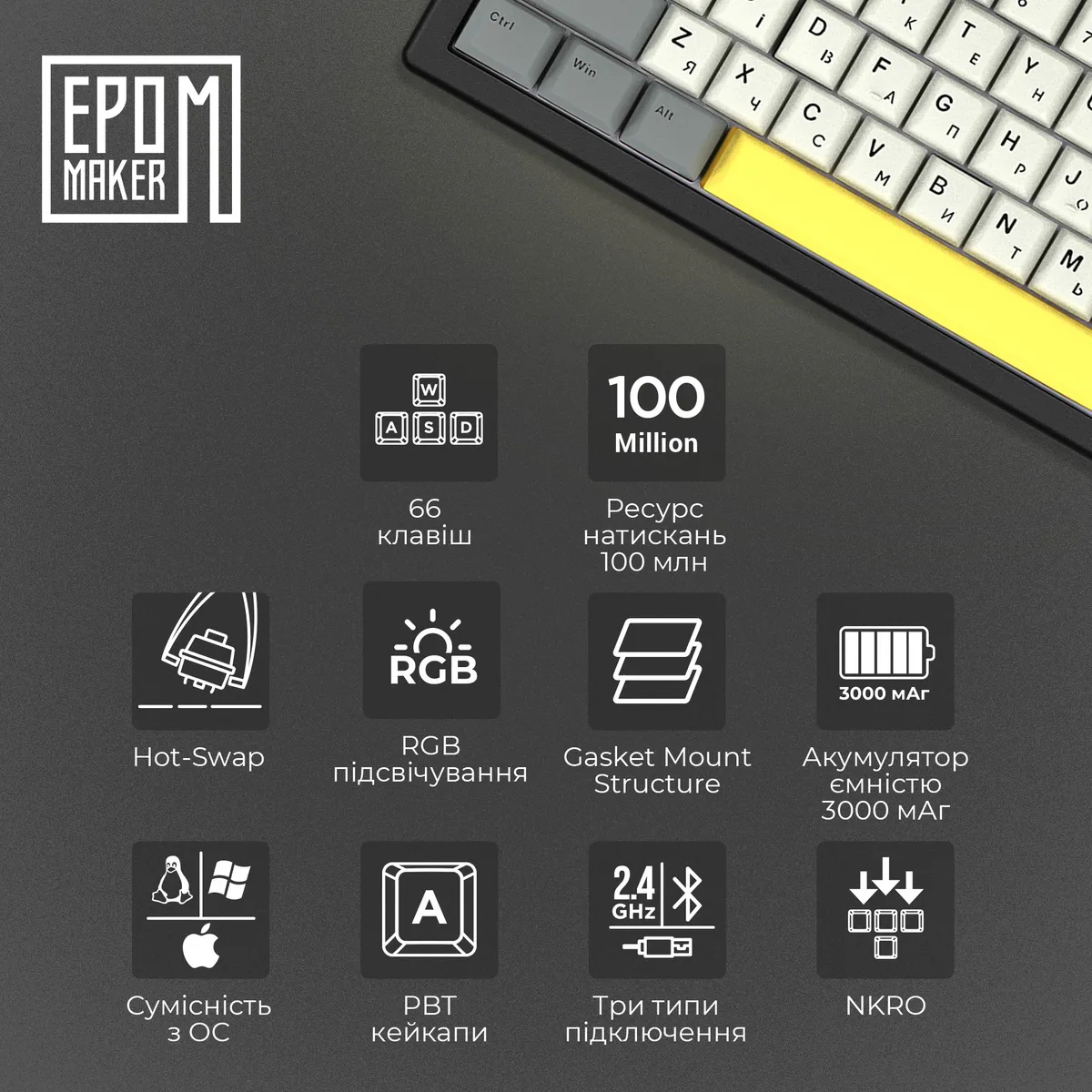 Клавіатура бездротова Epomaker EK68 65% Budgerigar V2 Switch Hot-Swap (2.4G/BT/USB) RGB UA Black (EK68-B-BV2) - мініатюра 9