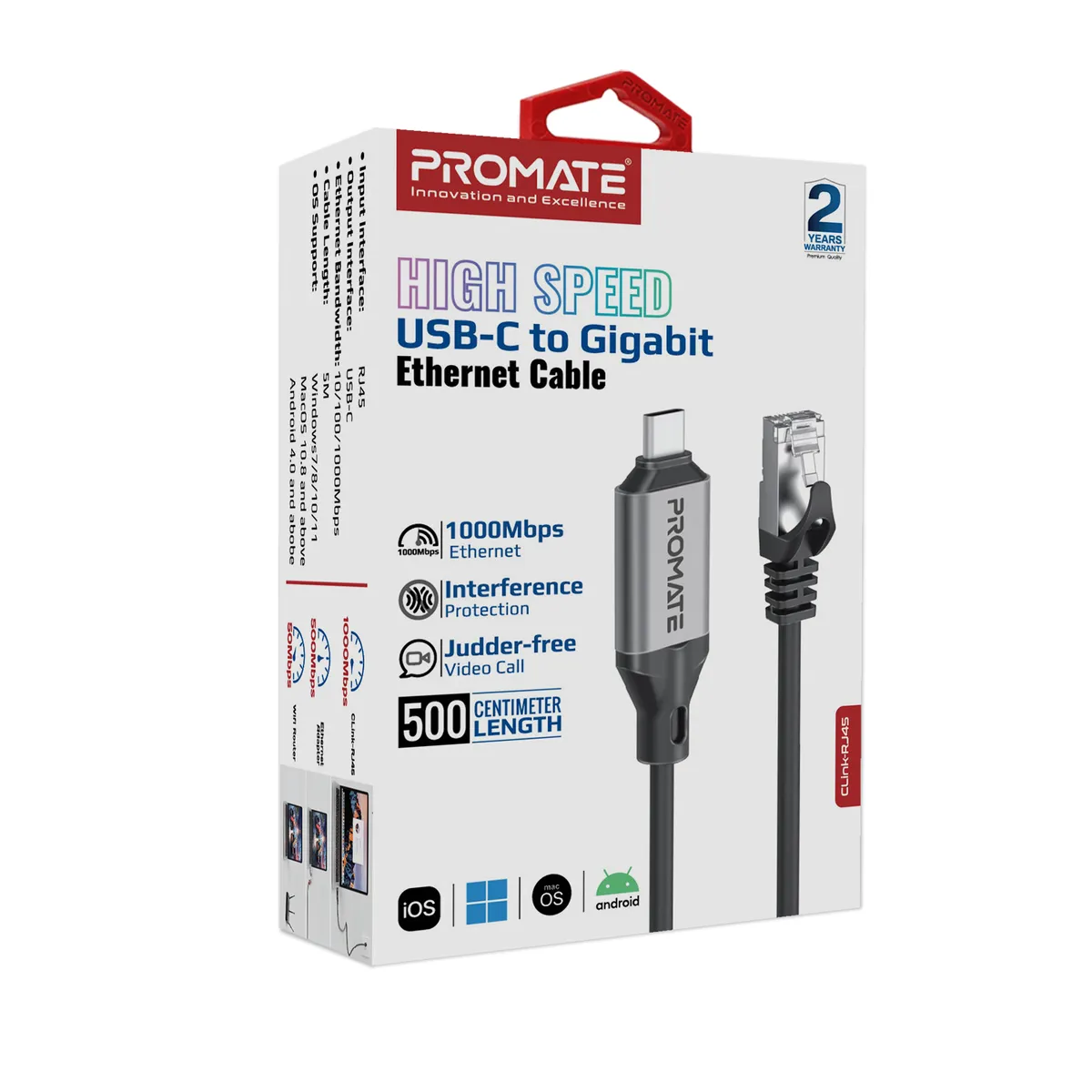 Кабель Promate Clink USB Type-C - RJ-45, 5 м, Black - мініатюра 5