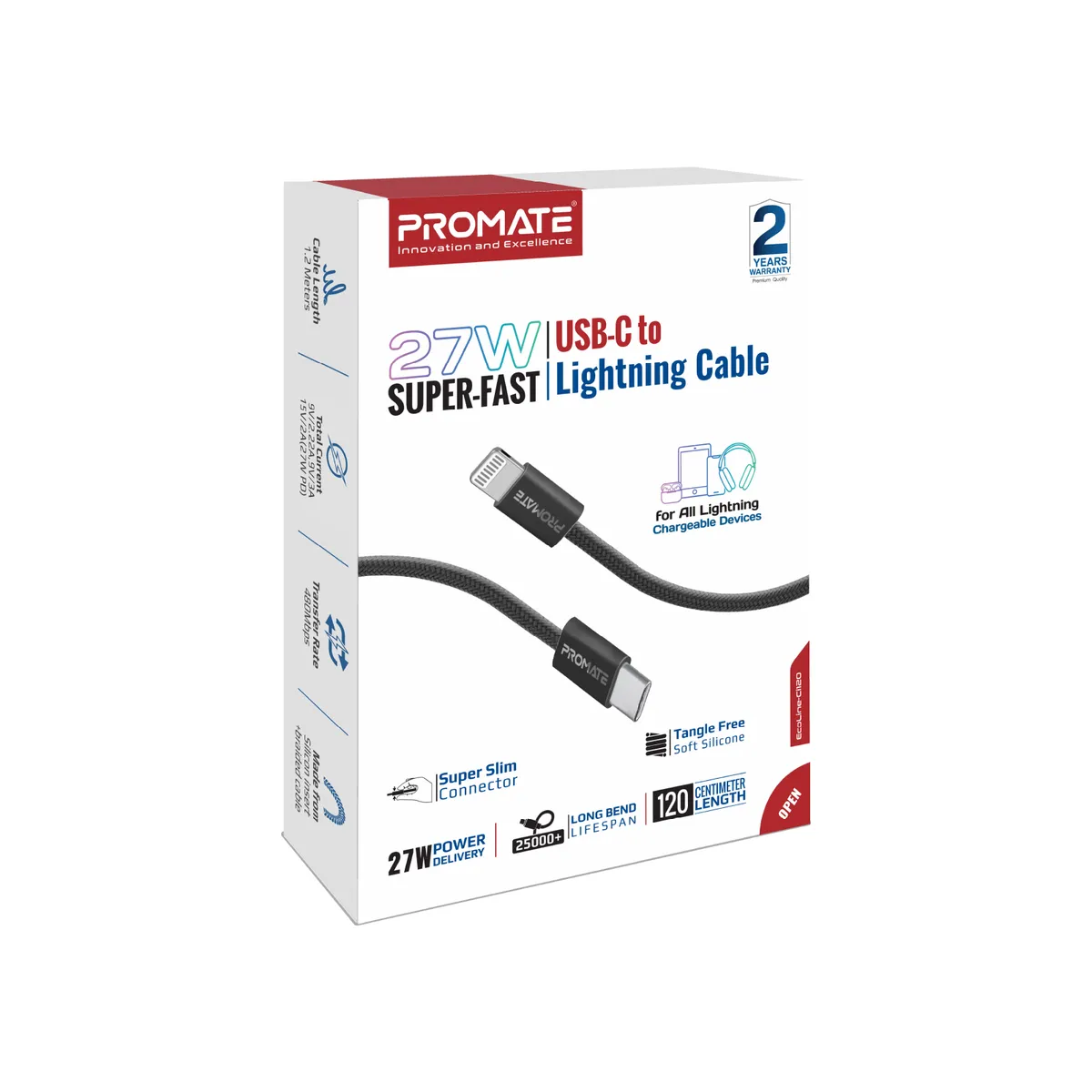 Кабель Promate EcoLine-Ci120 USB Type-C - Lightning (M/M), 3 A, 27 W, 1.2 м, Black - мініатюра 7