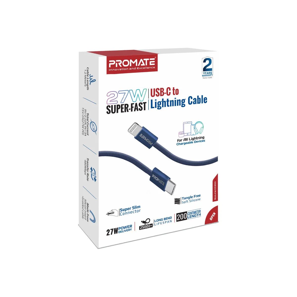 Кабель Promate EcoLine-Ci120 USB Type-C - Lightning (M/M), 3 A, 27 W, 1.2 м, Navy - мініатюра 7